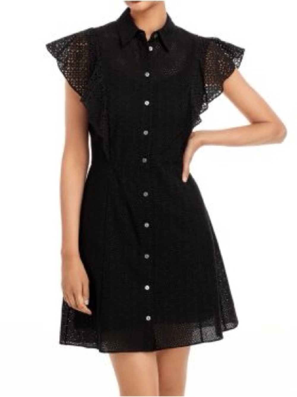 NWOT THEORY Nova Eyelet Ruffle Sleeve Lace Eyelet Casual Mini Shirt Dress - Picture 1 of 6